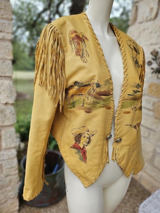 DD Ranch Wear Jackets & Blazers - Vintage DD Ranch Wear Yoakum TX Calfskin Leather Fringed Airbrush Crop Jacket M